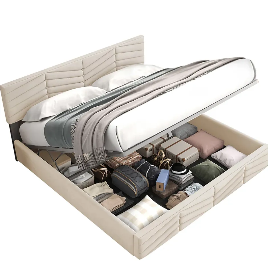 Redom Lit 140x190 cm avec tête de lit capitonnée réglable en velours beige, design intemporel classique et contemporain Discount