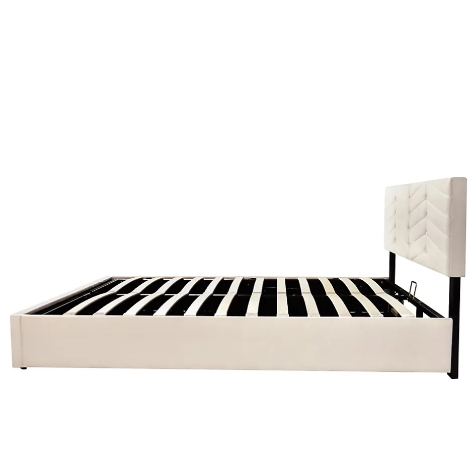 Redom Lit 140x190 cm avec tête de lit capitonnée réglable en velours beige, design intemporel classique et contemporain Discount
