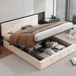 Redom Lit 140x190 cm avec tête de lit capitonnée réglable en velours beige, design intemporel classique et contemporain Discount