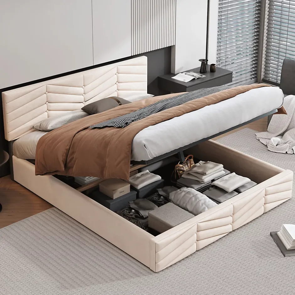 Redom Lit 140x190 cm avec tête de lit capitonnée réglable en velours beige, design intemporel classique et contemporain Discount