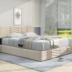 Redom Lit 140x190 cm avec tête de lit capitonnée réglable en velours beige, design intemporel classique et contemporain Discount