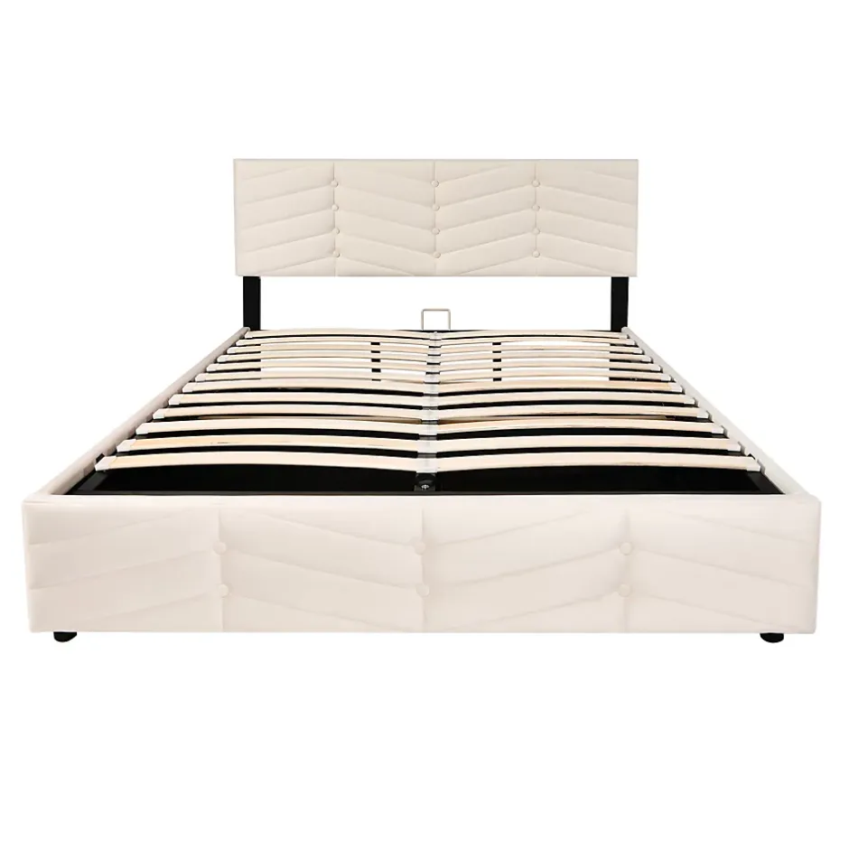 Redom Lit 140x190 cm avec tête de lit capitonnée réglable en velours beige, design intemporel classique et contemporain Discount