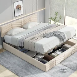 Redom Lit 140x190 cm avec tête de lit capitonnée réglable en velours beige, design intemporel classique et contemporain Discount
