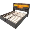 Redom Lit 140x200 cm avec tête de lit à éclairage led et rangement hydraulique, revêtement en lin gris style rétro Best