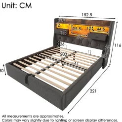 Redom Lit 140x200 cm avec tête de lit à éclairage led et rangement hydraulique, revêtement en lin gris style rétro Best