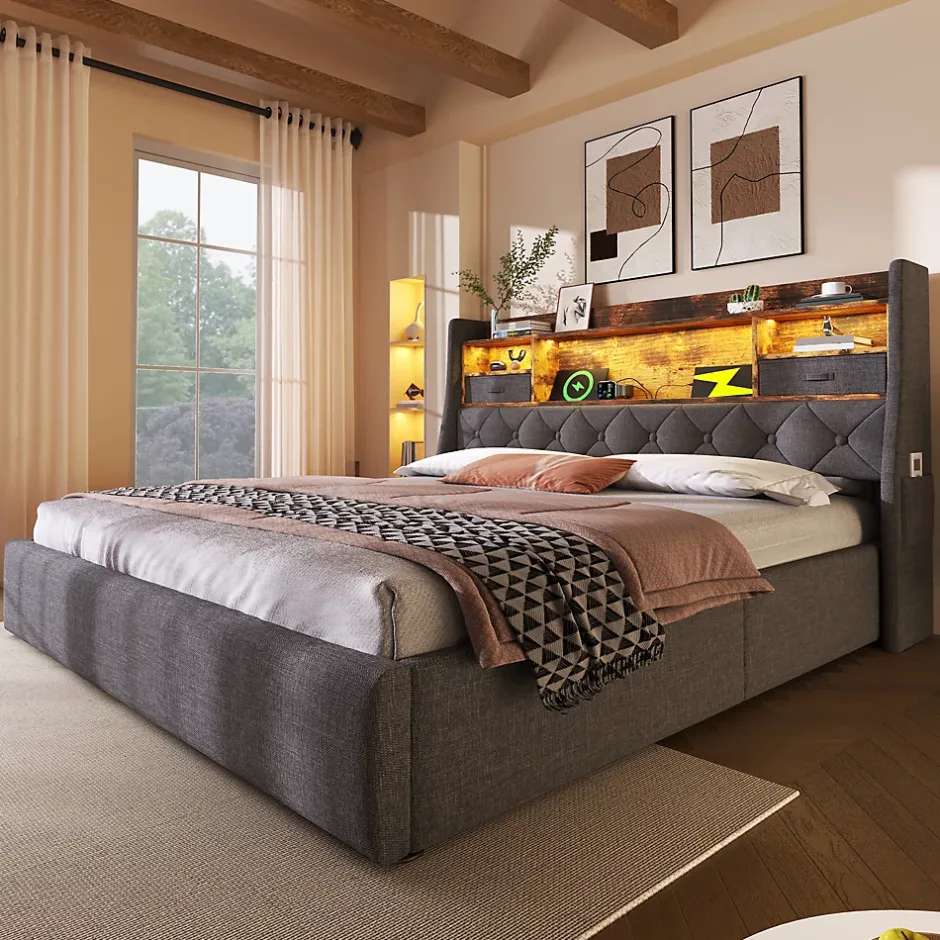 Redom Lit 140x200 cm avec tête de lit à éclairage led et rangement hydraulique, revêtement en lin gris style rétro Best