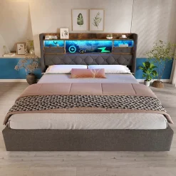 Redom Lit 140x200 cm avec tête de lit à éclairage led et rangement hydraulique, revêtement en lin gris style rétro Best