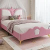 Redom Lit 90x200 cm avec tête de lit en forme de couronne, tapissé PU rose et blanc, cadre métal et pieds dorés