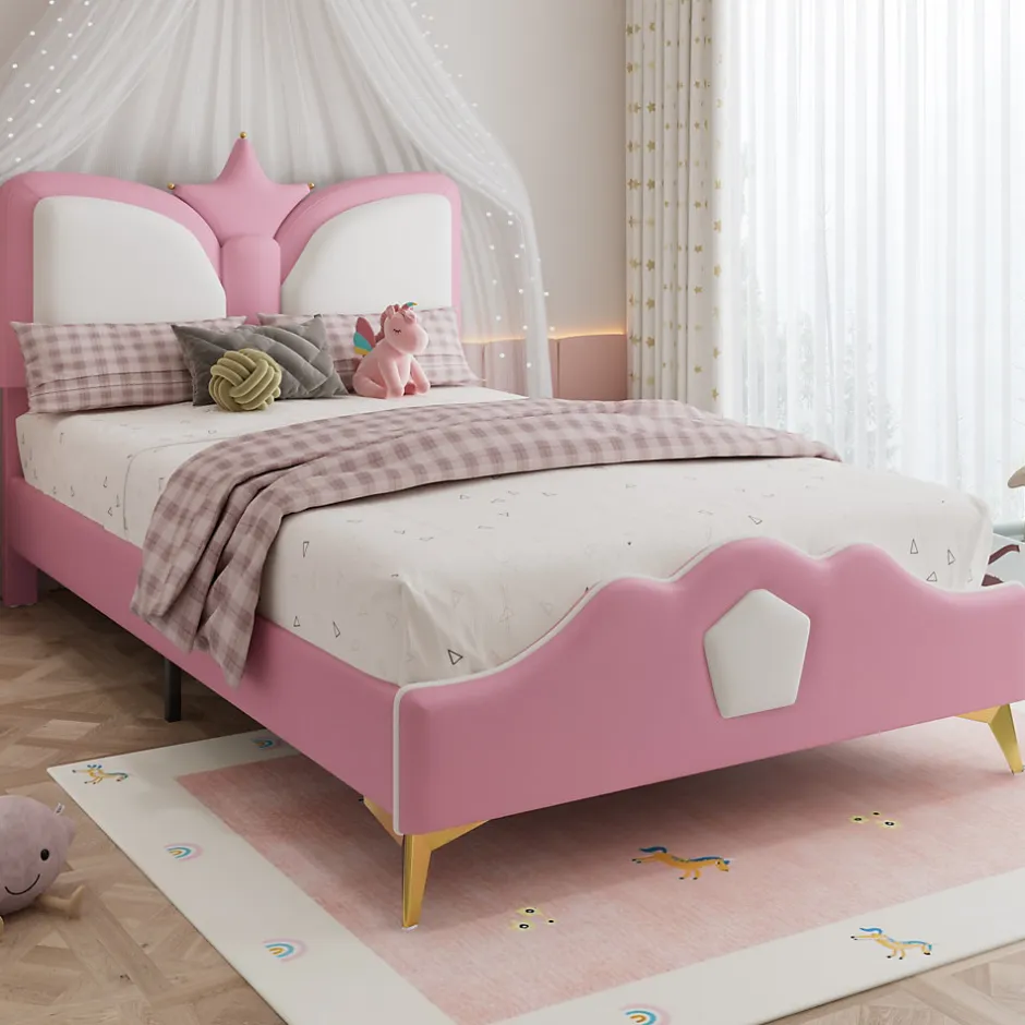 Redom Lit 90x200 cm avec tête de lit en forme de couronne, tapissé PU rose et blanc, cadre métal et pieds dorés