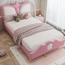 Redom Lit 90x200 cm avec tête de lit en forme de couronne, tapissé PU rose et blanc, cadre métal et pieds dorés