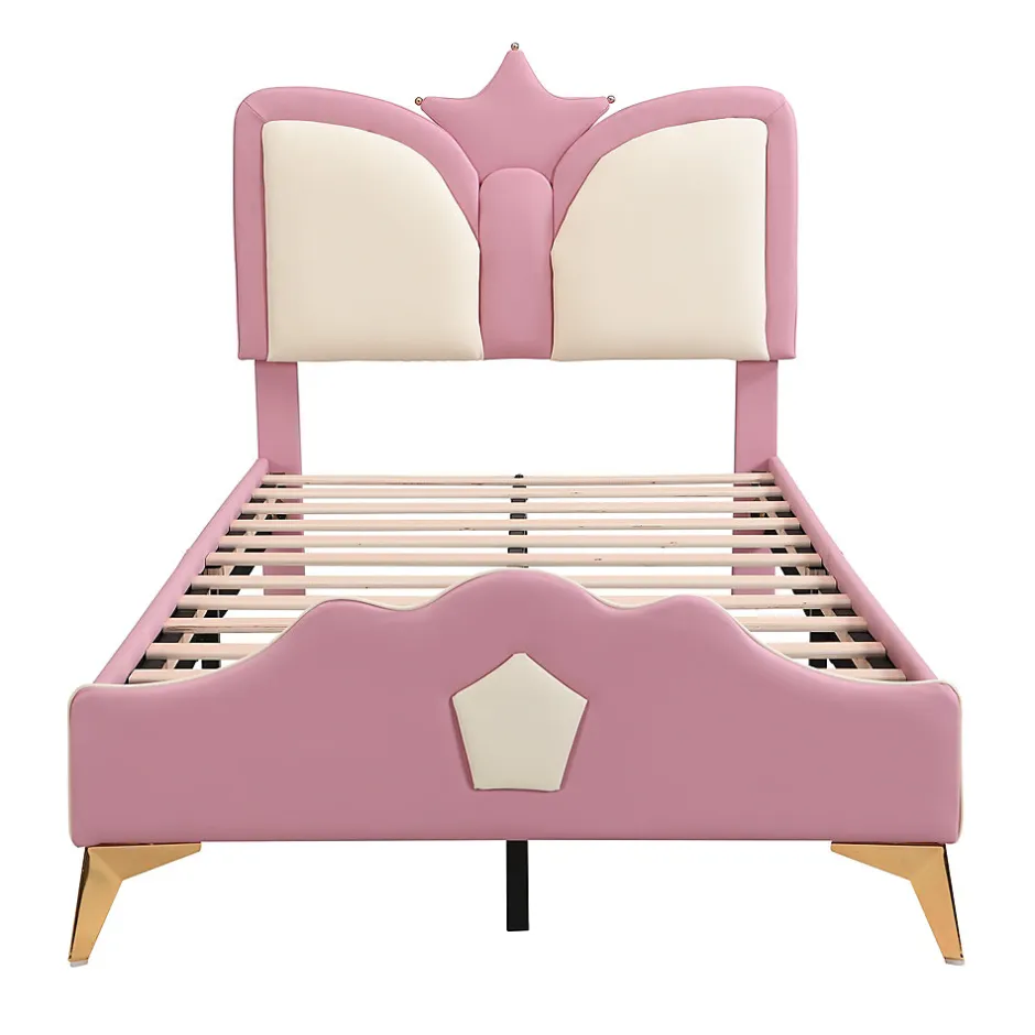 Redom Lit 90x200 cm avec tête de lit en forme de couronne, tapissé PU rose et blanc, cadre métal et pieds dorés