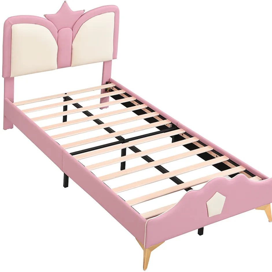 Redom Lit 90x200 cm avec tête de lit en forme de couronne, tapissé PU rose et blanc, cadre métal et pieds dorés
