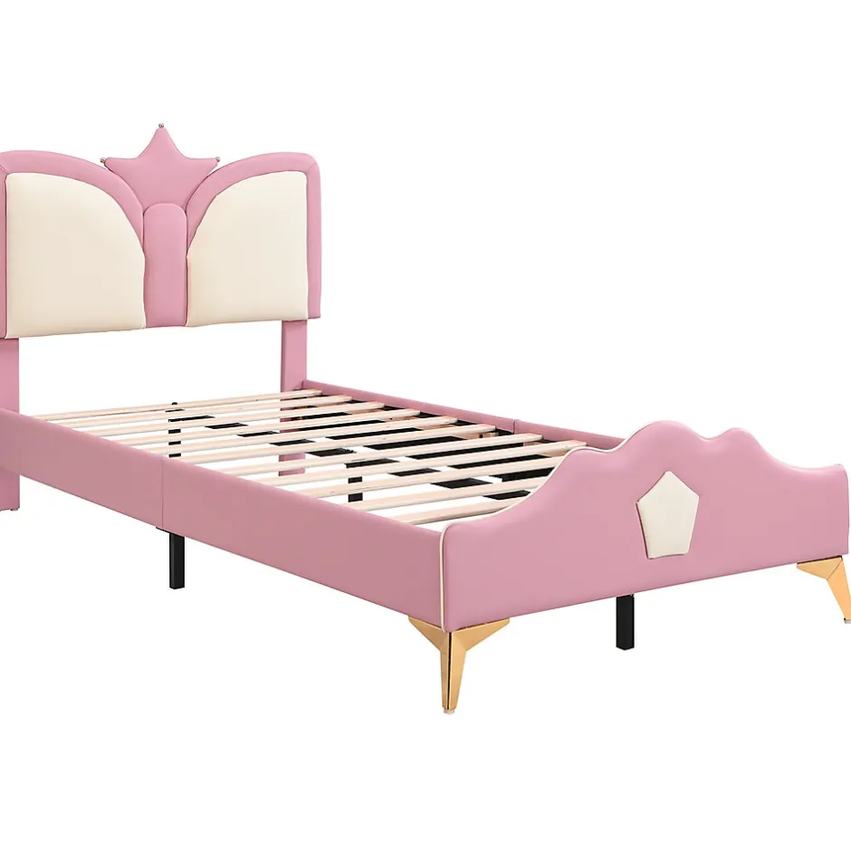 Redom Lit 90x200 cm avec tête de lit en forme de couronne, tapissé PU rose et blanc, cadre métal et pieds dorés