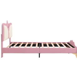 Redom Lit 90x200 cm avec tête de lit en forme de couronne, tapissé PU rose et blanc, cadre métal et pieds dorés
