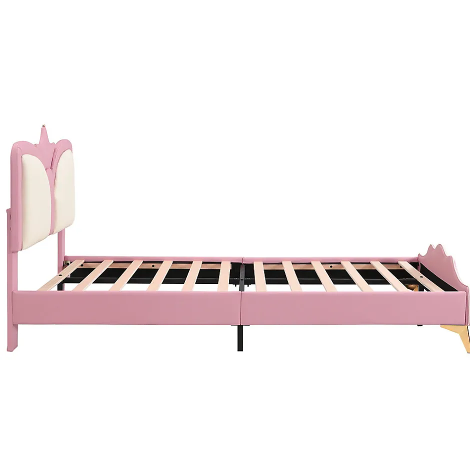 Redom Lit 90x200 cm avec tête de lit en forme de couronne, tapissé PU rose et blanc, cadre métal et pieds dorés