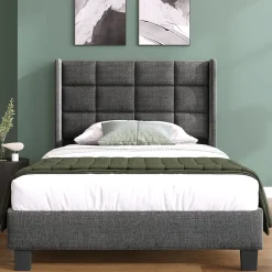 Redom Lit 90x200 cm avec tête de lit rembourrée en lin gris, sommier à lattes inclus et pieds noirs, design sobre