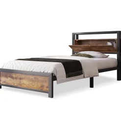 Redom Lit 90x200 cm avec tête de rangement et espace sous-lit 26,5 cm, cadre métal et panneau bois naturel
