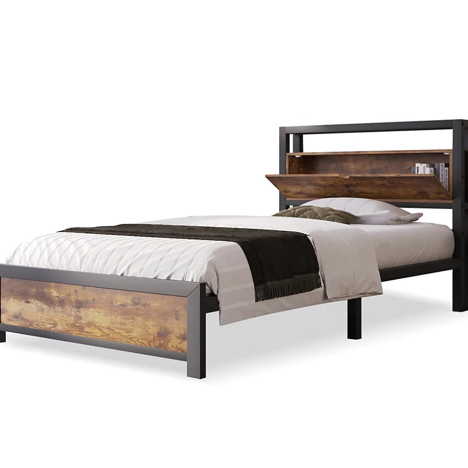 Redom Lit 90x200 cm avec tête de rangement et espace sous-lit 26,5 cm, cadre métal et panneau bois naturel