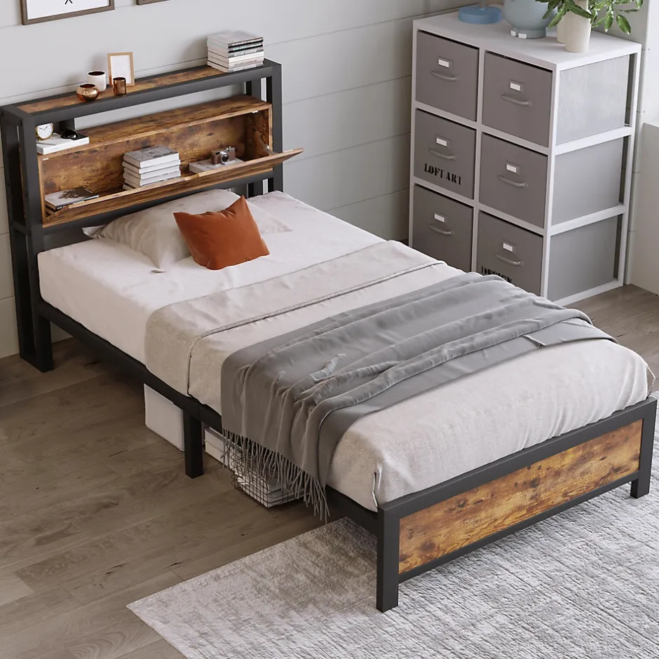 Redom Lit 90x200 cm avec tête de rangement et espace sous-lit 26,5 cm, cadre métal et panneau bois naturel