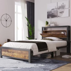 Redom Lit 90x200 cm avec tête de rangement et espace sous-lit 26,5 cm, cadre métal et panneau bois naturel