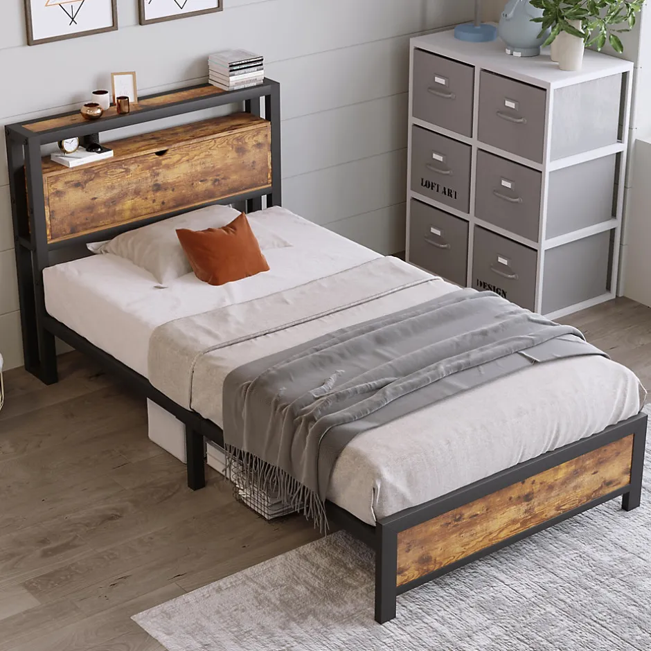 Redom Lit 90x200 cm avec tête de rangement et espace sous-lit 26,5 cm, cadre métal et panneau bois naturel