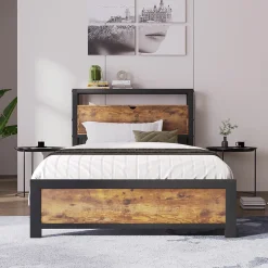 Redom Lit 90x200 cm avec tête de rangement et espace sous-lit 26,5 cm, cadre métal et panneau bois naturel