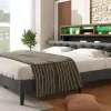 Redom Lit 140x200 cm avec tête de rangement et bande LED, cadre bois massif tapissé lin gris, rangements intégrés Clearance