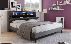 Redom Lit 140x200 cm avec tête de rangement et bande LED, cadre bois massif tapissé lin gris, rangements intégrés Clearance