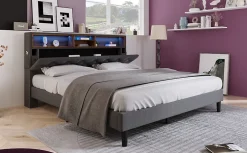 Redom Lit 140x200 cm avec tête de rangement et bande LED, cadre bois massif tapissé lin gris, rangements intégrés Clearance