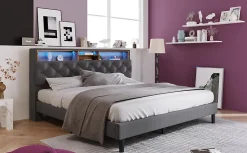 Redom Lit 140x200 cm avec tête de rangement et bande LED, cadre bois massif tapissé lin gris, rangements intégrés Clearance