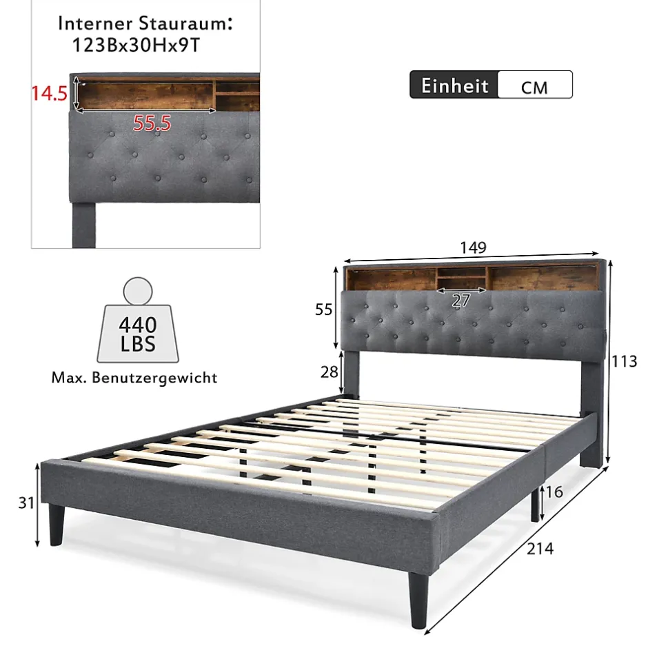 Redom Lit 140x200 cm avec tête de rangement et bande LED, cadre bois massif tapissé lin gris, rangements intégrés Clearance