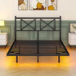 Redom Lit 140x200 cm avec tête de rangement, effet flottant et éclairage LED intégré, cadre métal noir moderne