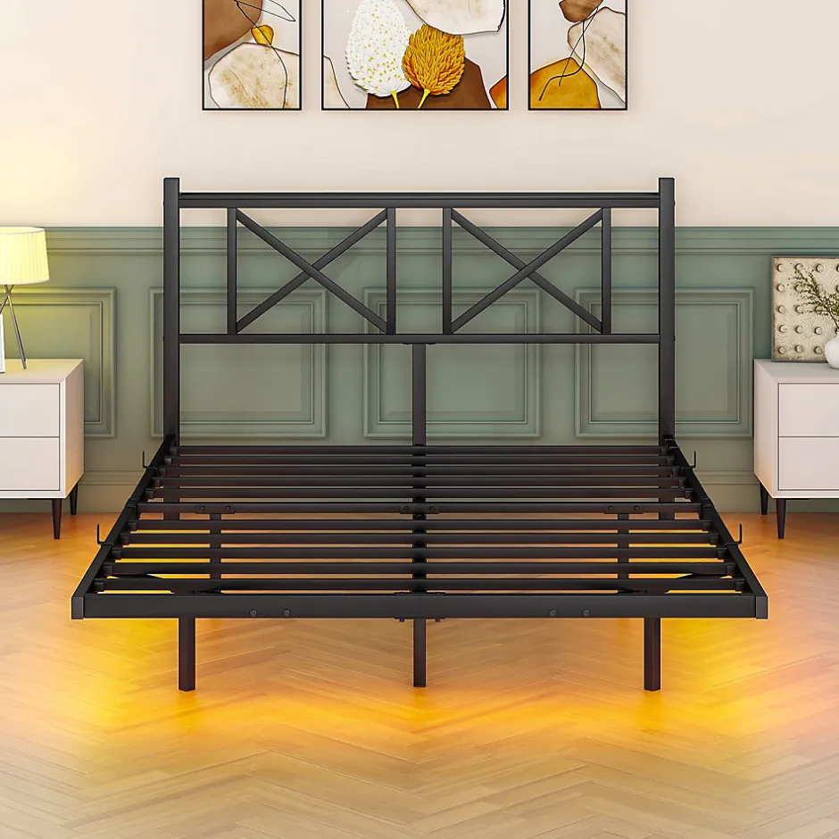 Redom Lit 140x200 cm avec tête de rangement, effet flottant et éclairage LED intégré, cadre métal noir moderne