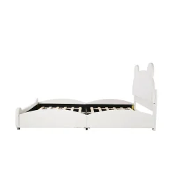 Redom Lit 140x200 cm avec tête d'ours tapissée velours blanc, cadre bois et métal pour chambre d'enfant New