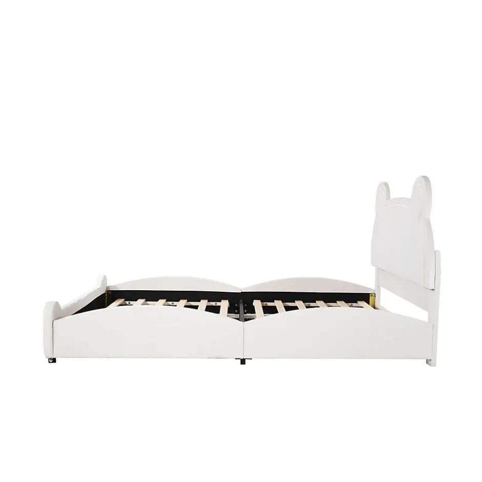 Redom Lit 140x200 cm avec tête d'ours tapissée velours blanc, cadre bois et métal pour chambre d'enfant New