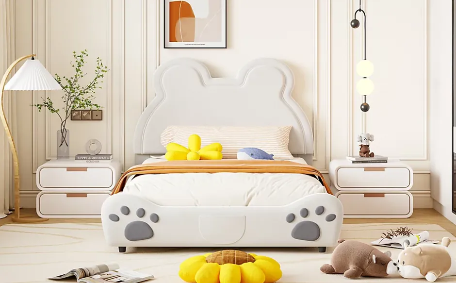 Redom Lit 140x200 cm avec tête d'ours tapissée velours blanc, cadre bois et métal pour chambre d'enfant New