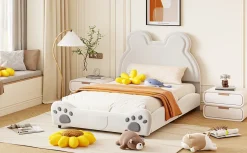 Redom Lit 140x200 cm avec tête d'ours tapissée velours blanc, cadre bois et métal pour chambre d'enfant New