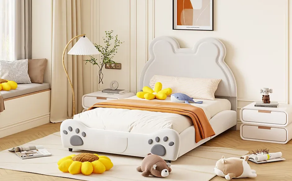 Redom Lit 140x200 cm avec tête d'ours tapissée velours blanc, cadre bois et métal pour chambre d'enfant New