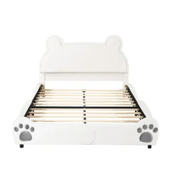 Redom Lit 140x200 cm avec tête d'ours tapissée velours blanc, cadre bois et métal pour chambre d'enfant New
