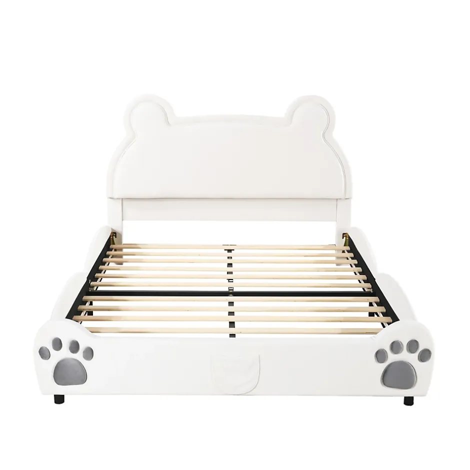 Redom Lit 140x200 cm avec tête d'ours tapissée velours blanc, cadre bois et métal pour chambre d'enfant New