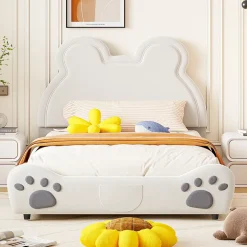 Redom Lit 140x200 cm avec tête d'ours tapissée velours blanc, cadre bois et métal pour chambre d'enfant New