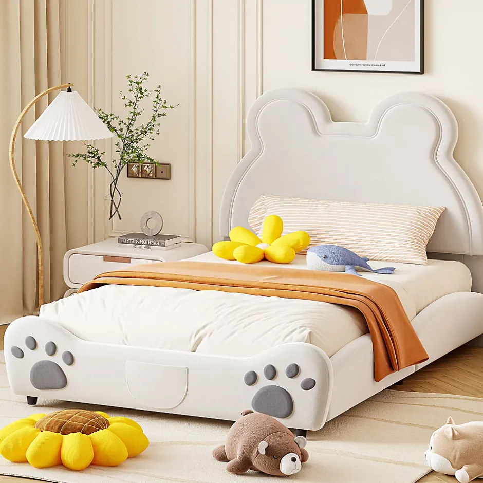 Redom Lit 140x200 cm avec tête d'ours tapissée velours blanc, cadre bois et métal pour chambre d'enfant New