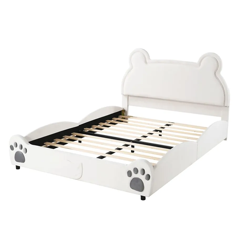 Redom Lit 140x200 cm avec tête d'ours tapissée velours blanc, cadre bois et métal pour chambre d'enfant New