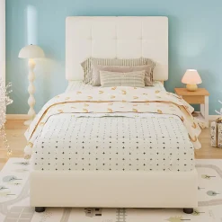 Redom Lit 90x200 cm avec tête en forme de biscuit beige, cadre PU et métal, dossier rembourré et bords mousse