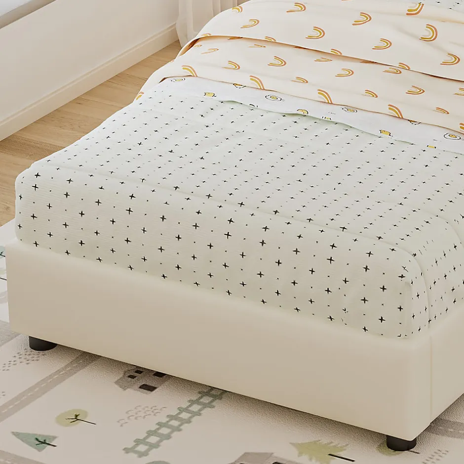 Redom Lit 90x200 cm avec tête en forme de biscuit beige, cadre PU et métal, dossier rembourré et bords mousse