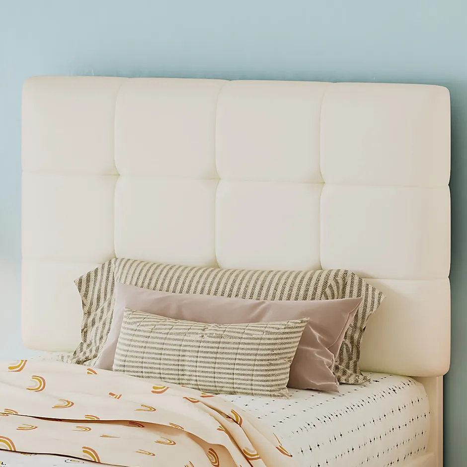 Redom Lit 90x200 cm avec tête en forme de biscuit beige, cadre PU et métal, dossier rembourré et bords mousse