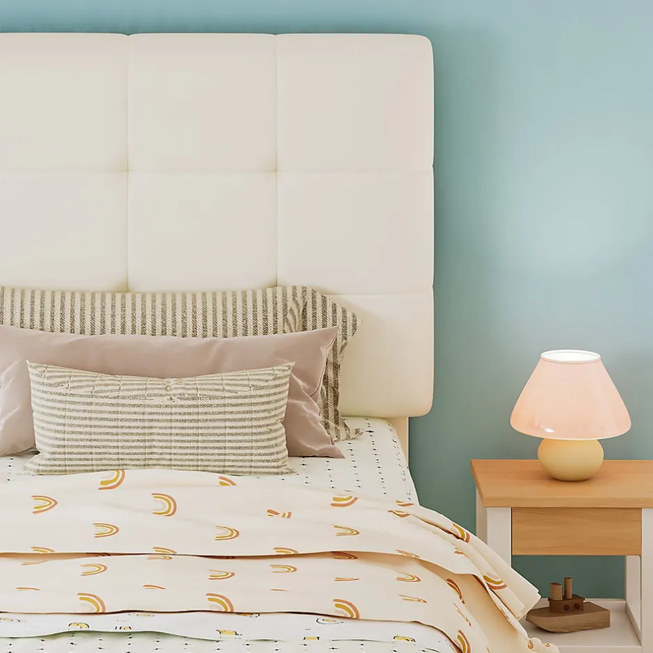 Redom Lit 90x200 cm avec tête en forme de biscuit beige, cadre PU et métal, dossier rembourré et bords mousse