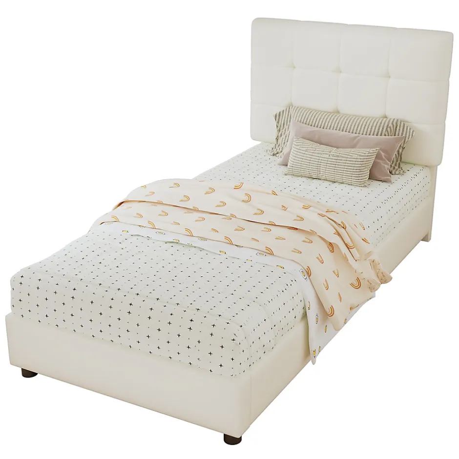 Redom Lit 90x200 cm avec tête en forme de biscuit beige, cadre PU et métal, dossier rembourré et bords mousse