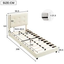 Redom Lit 90x200 cm avec tête en forme de biscuit beige, cadre PU et métal, dossier rembourré et bords mousse