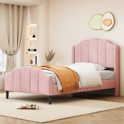 Redom Lit 90x200 cm avec tête et pied rembourrés en velours rose, cadre MDF solide et 12 lattes renforcées